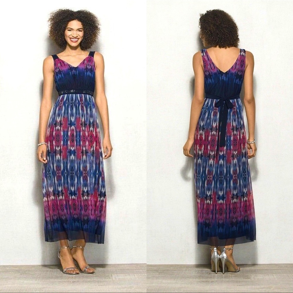 CARMEN MARC VALVO Maxi Dress Watercolor Bohemian Sparkle Bead Plus Size 1X NWT